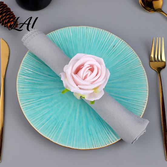 Elegant Table Decor for Western Restaurants Artificial Rose Napkin Ring Fabric Pink Flower Holder Rustic Pastoral Style Accessories Dinner