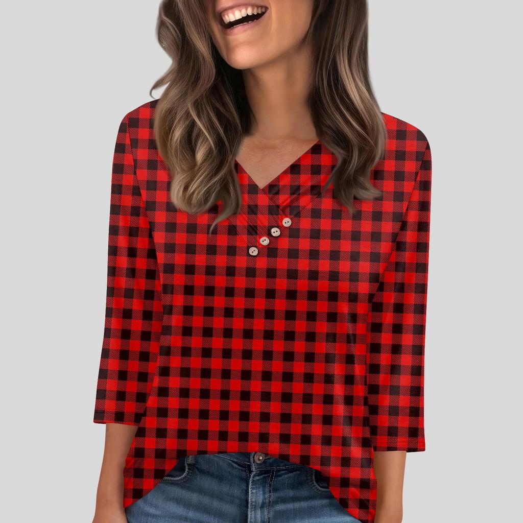Damen T-Shirt Tee Knopf 3/4 Ärmel Tunika Täglich Wochenende Mode Basic V-Ausschnitt Reguläres Oberteil