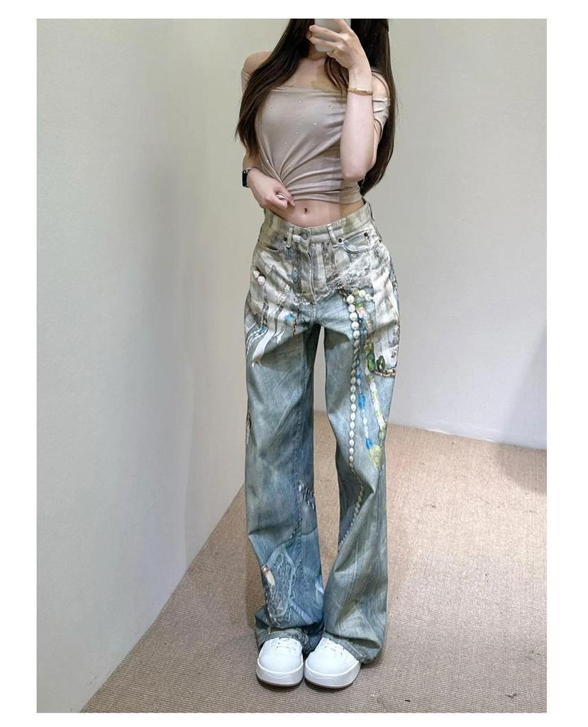 Jeans Casual Strappati con Orlo in Pizzo 3D e Stampa a Catena di Perle