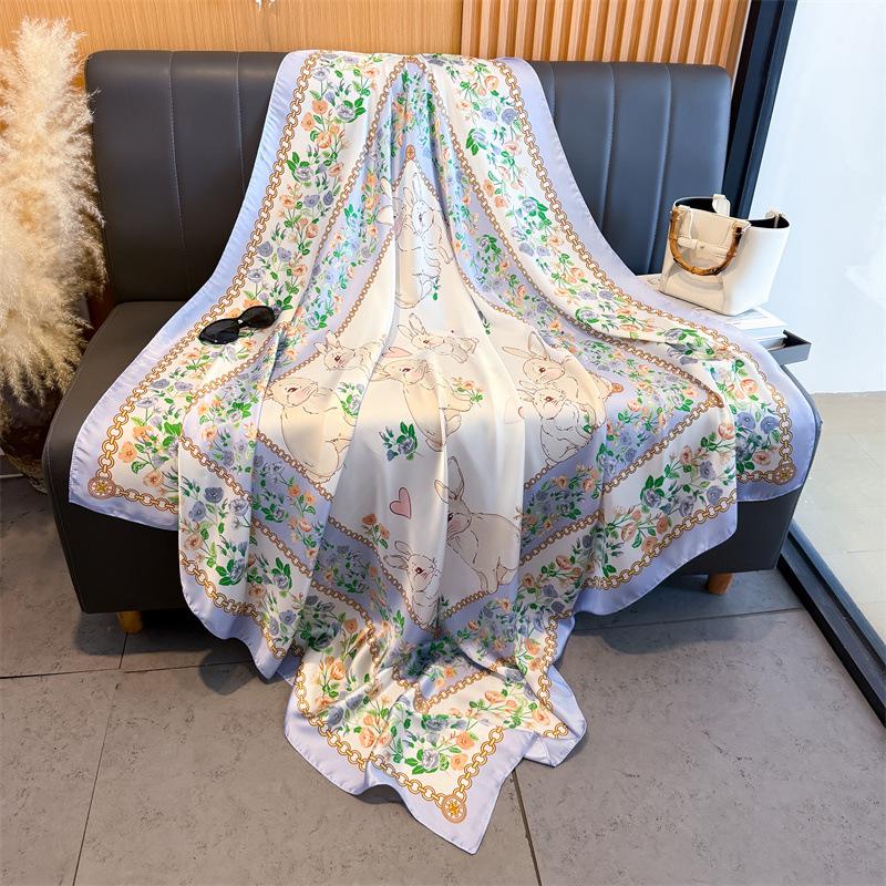 Chain Flower Simulation Silk Premium 111cm Large Square Scarf Silk Scarf Printed Shawl Sunscreen Scarf Headscarf Scarf
