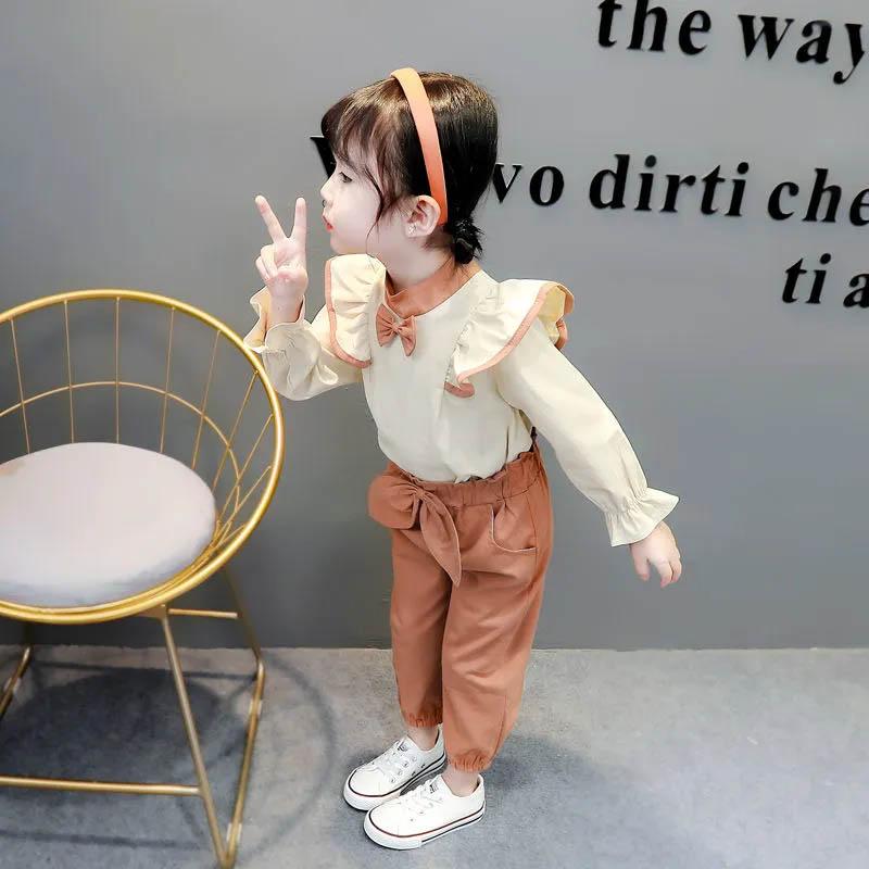 Completi da bambina Vestiti primaverili e autunnali Decorazione con fiocco carino Monopetto Maniche lunghe Confortevole Leggero e traspirante Set due pezzi