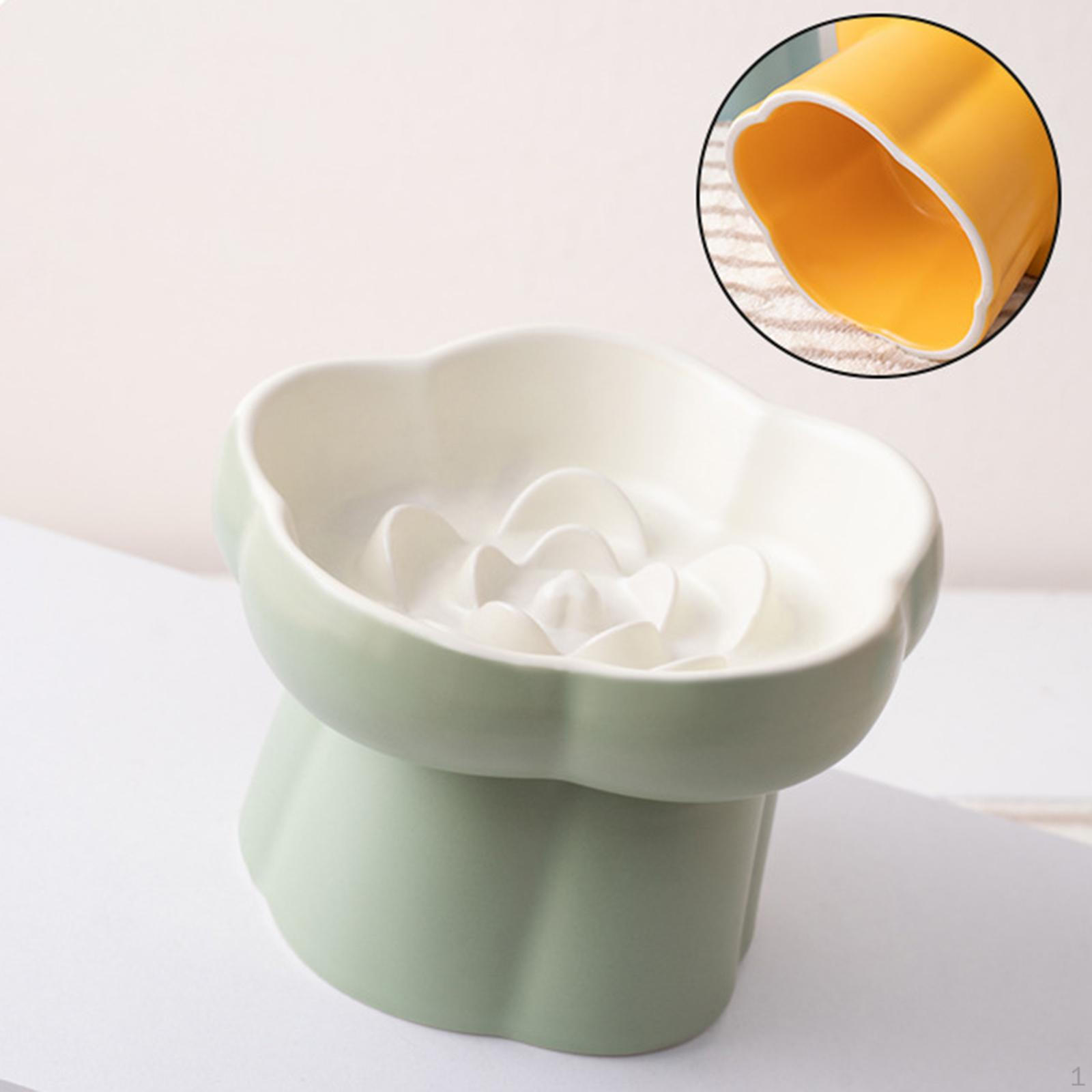 

Elevated Cat Bowl Slow Feeder Ceramic for Small Dogs Dry and Wet Cute Fit Dishwasher Eating Beige Green