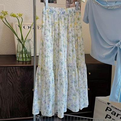Elastický pas v korejském stylu Vintage květinová A-liniová midi sukně pro ženy - Sukně do půli lýtek s vysokým pasem