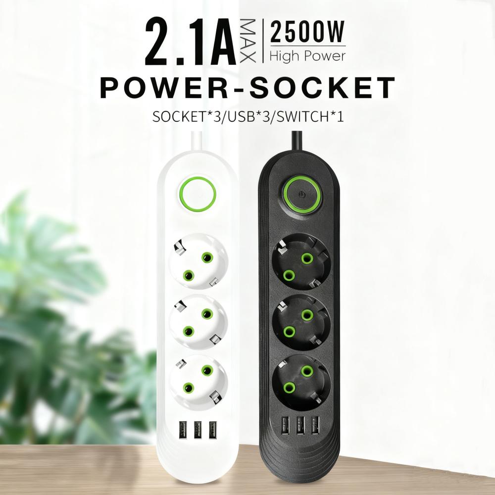 1111W Power Strip with 1USB Ports EU Plug Socket 1m Extension Cable Fast Charging Round Pin AC Outlet Electrical Charger Adapter