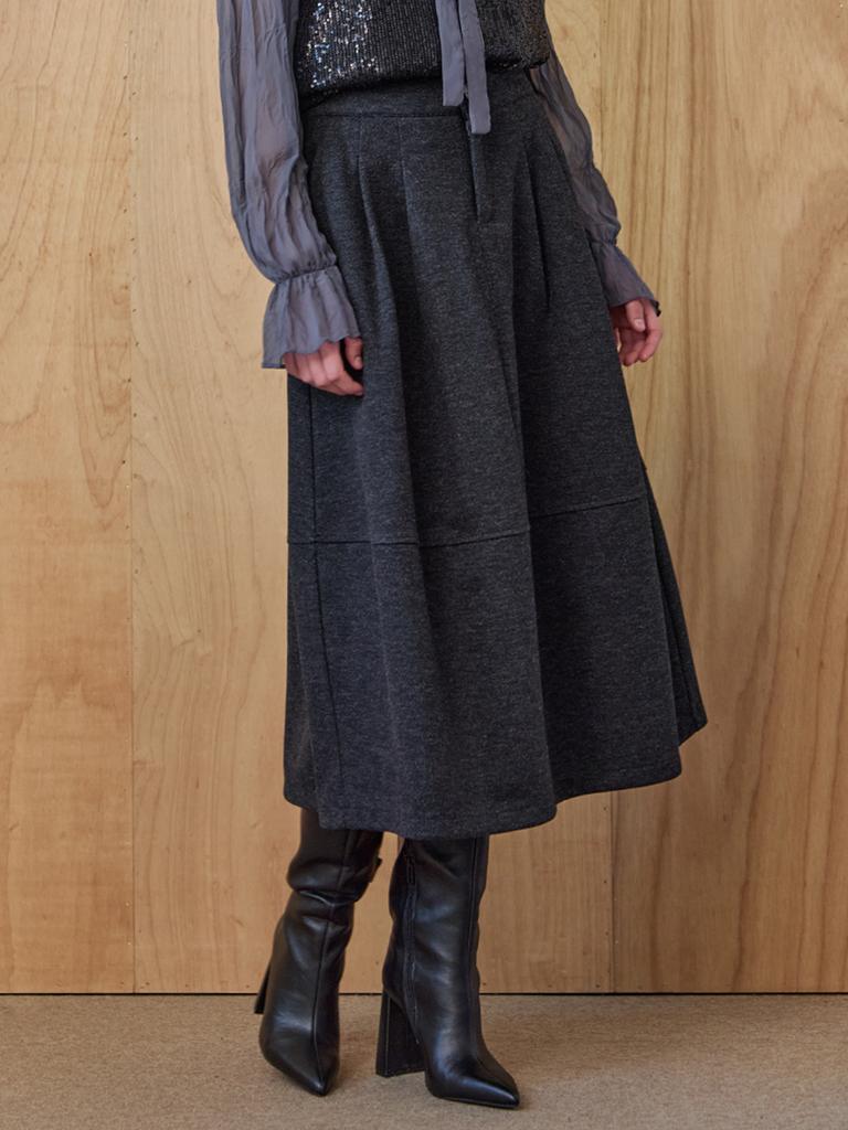MAXZA Double-Tuck Cut-Line Wool Flare Long Skirt