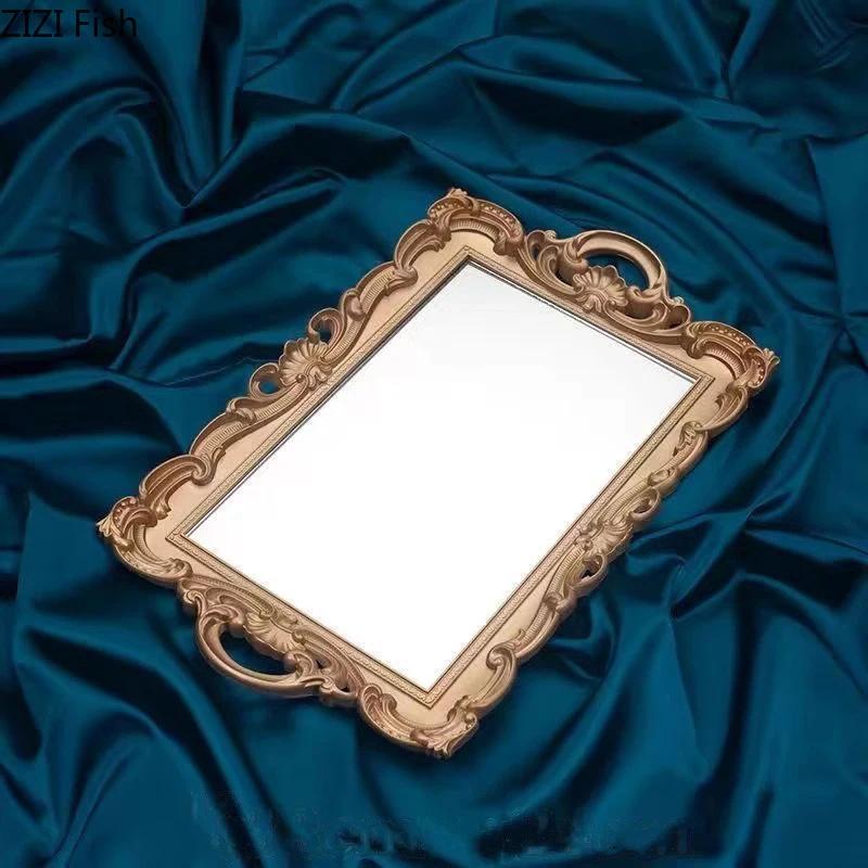 Vintage Spitze Relief Spiegelglas Tablett Dekorative Aufbewahrungstabletts Schminktisch Schmuck Halskette Präsentationsplatte Kosmetik Organizer