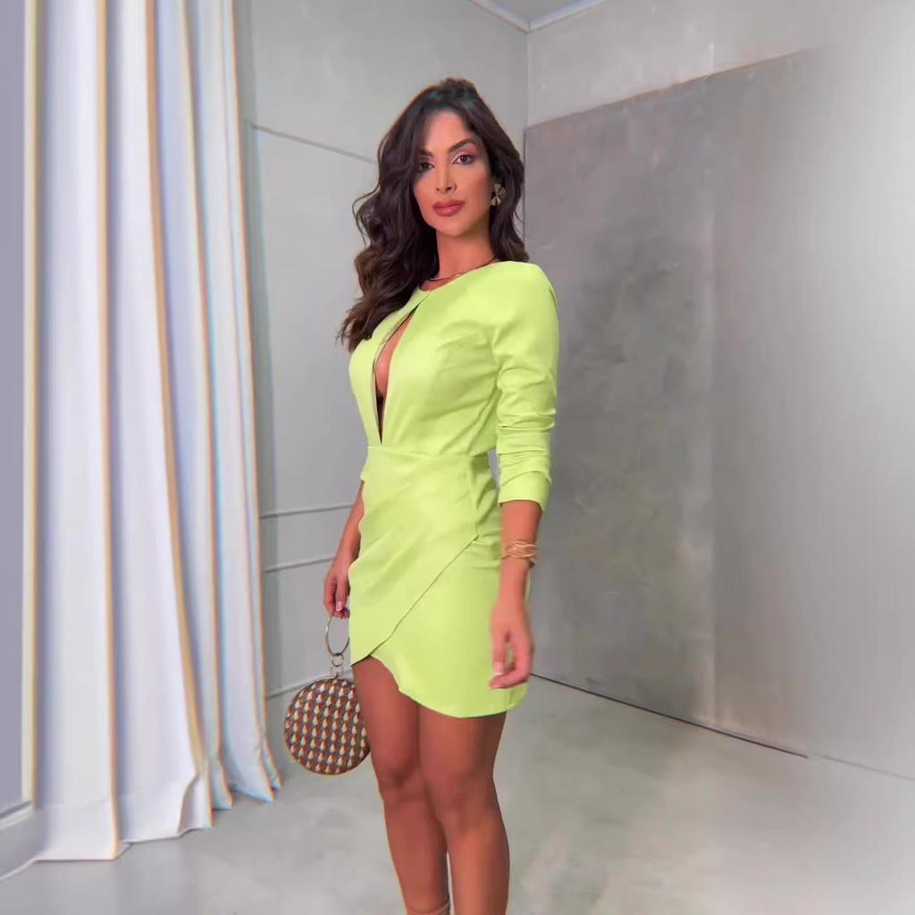 2024 Summer European & American Fashion Sexy Cutout Backless Round Neck Long Sleeve Bodycon Dress