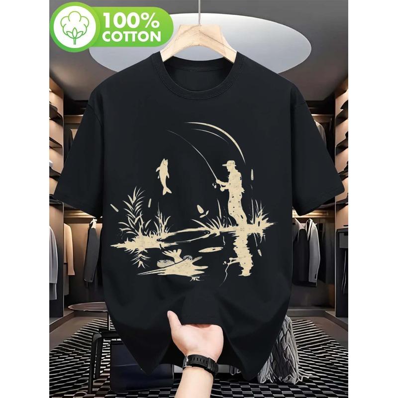 Men's Cotton Fishing unisex T-Shirt with Fisherman Silhouette & Rod Print - Black with Golden Outdoor Shirt, Slight Stretch Fit, Short Sleeve Casual W