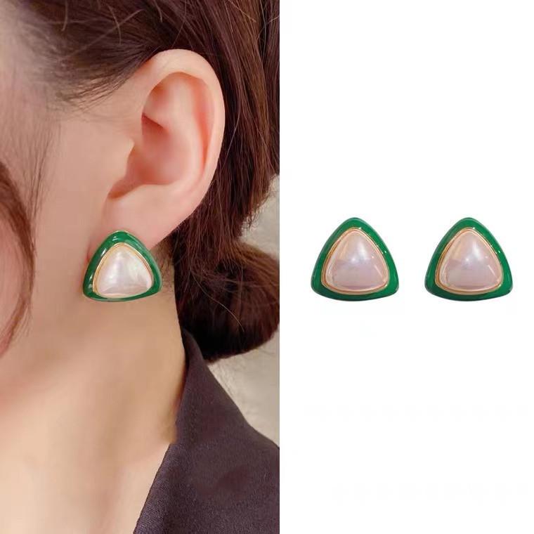 Mermaid Pearl Geometric Earrings: S925 Sterling Silver, Triangle Green Tone Studs for Women