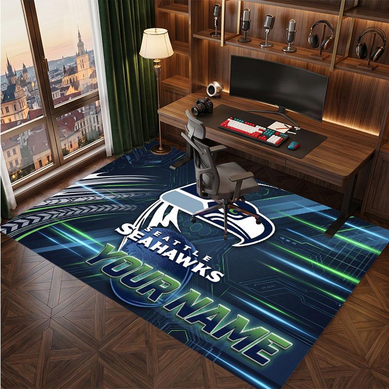 Seattle Seahawks Personalized Crystal Velvet Carpet, Customized Name Text Soft Anti‑Slip Rug for Living Room Bedroom
