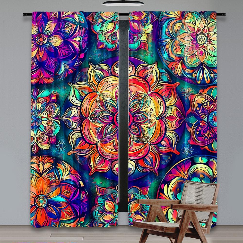 2Pcs Floral Blackout Curtains Bohemian Colorful Theme Privacy Drapes Art Decor Bedroom Apartment Living Room Darkening Window