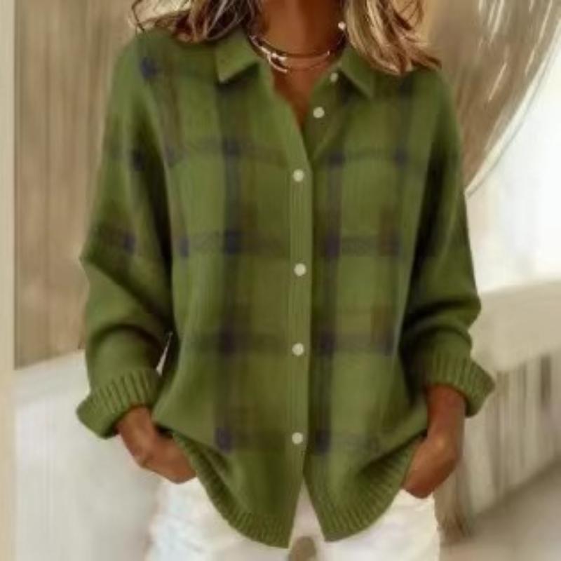 Damen Lässiger Lockerer Pullover Frühling und Herbst Kariert Langarm Revers Hemd Pullover Strickjacke