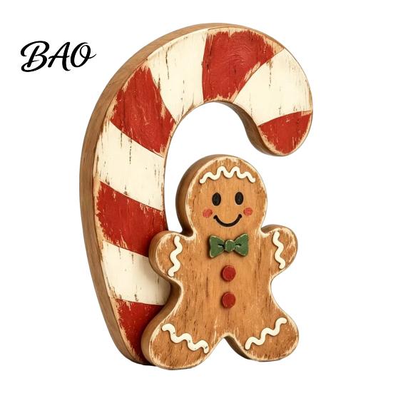 Christmas Window Display Ornaments Wooden Gingerbread Man Decor, Rustic Gingerbread, Candy Cane House Figurines, Xmas Family Gathering Decorative