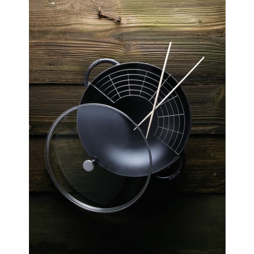 Staub "Wok 37cm Black" Large, Two-Handled Chinese Enamel Pot, Induction Compatible [Official Japanese Product] 40509-398 With Glass Lid and Tempura Gr