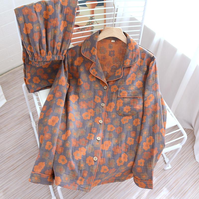 

Новая хлопковая пижама из стираного хлопка, окрашенного пряжей, в ретро-стиле, женская, больших размеров, домашняя одежда, с длинным рукавом, брюки, пижама для женщин, мягкая одежда для сна XL