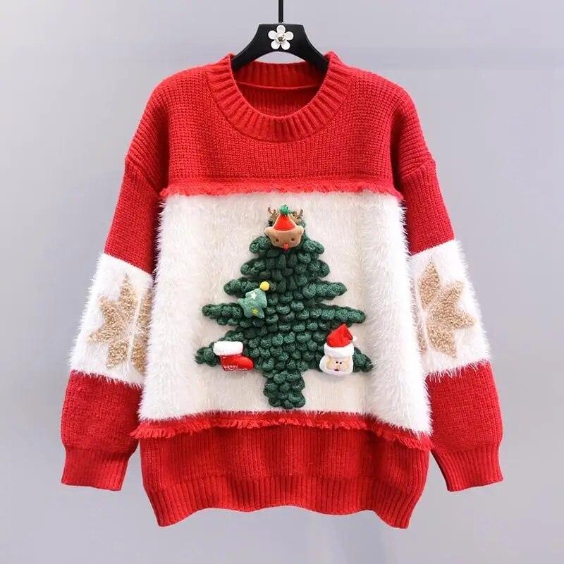 

Рождественский женский трикотаж, свободный и универсальный женский свитер в ленивом стиле, осень-зима, милый декоративный пуловер с круглым вырезом