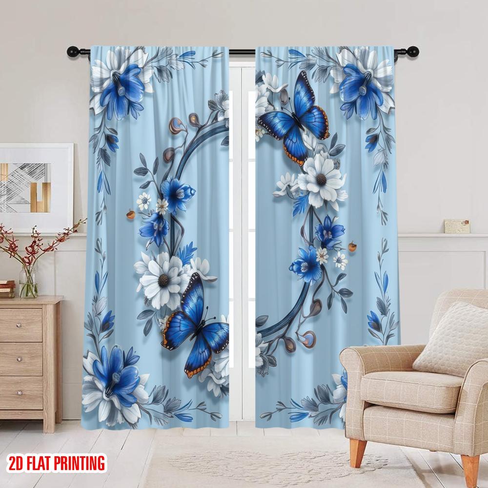 2D flat printing 2pcs Drapes blue flowers Durable Polyester  Without Electricity summer party decorations Perfect for Indoor