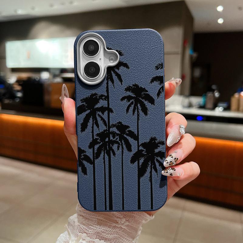 Schwarze Kokosnussbaum-Print-dünne, stoßfeste, weiche TPU-Telefonhülle für iPhone 16 Pro Max 15 Pro 14 13 12 11 Linsenschutzhülle aus mattem Leder