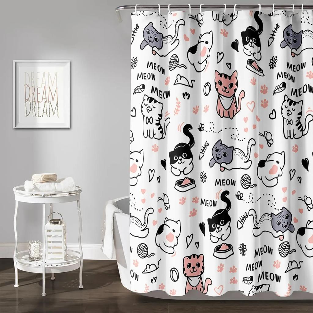 Cute Cat Cartoon Pet Cat Kitten Bathroom Curtain,Cat Paw Print Cat Lover Bath Curtain Polyester Waterproof Bathroom Curtain Wi