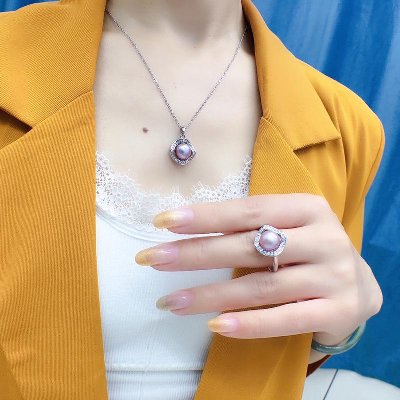 Elegant 8-9mm Freshwater Pearl Necklace, Silver Stud Earrings, and Ring Set for Women