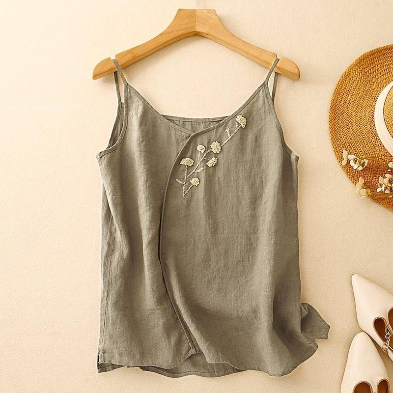 Embroidered Ethnic Cotton-Linen Camisole – Women's Summer Layered Top