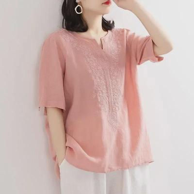 Haut pull ample à manches courtes et col en V en coton et lin brodé pour femme