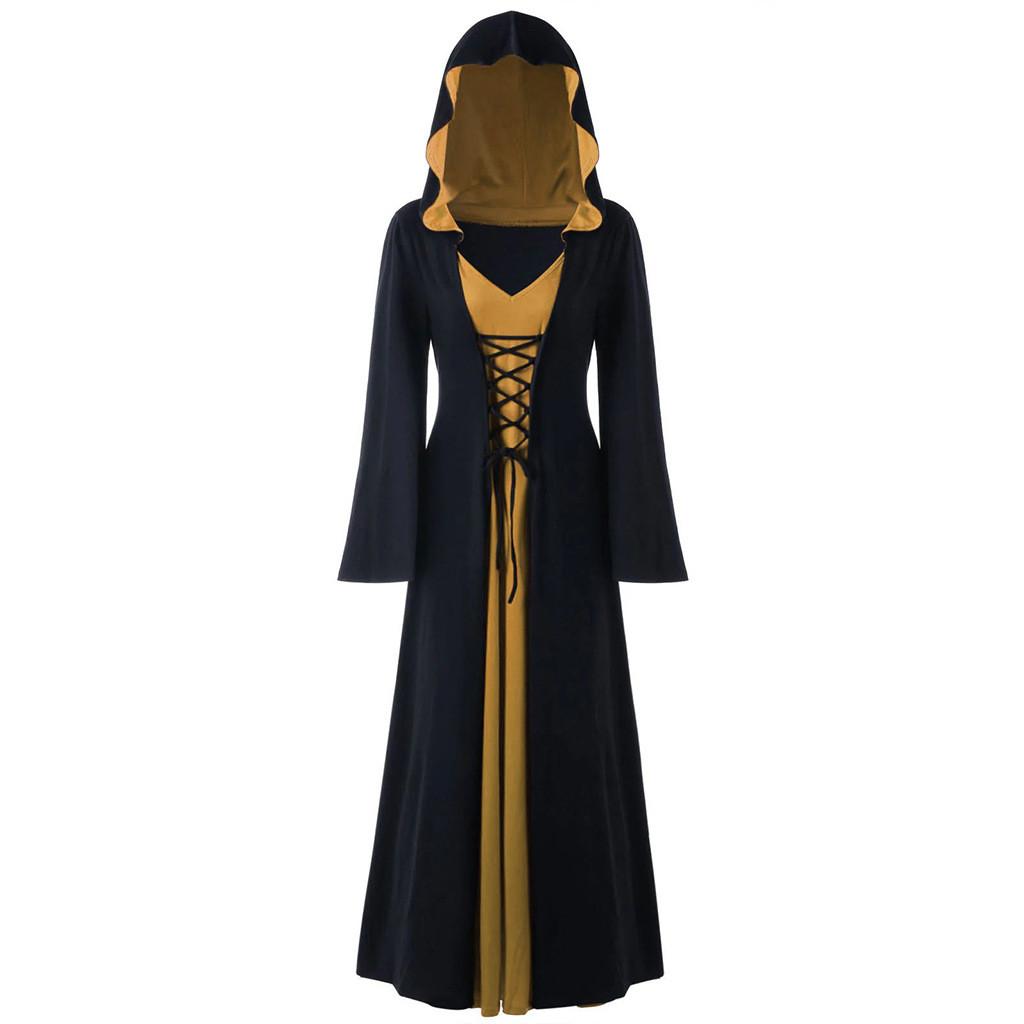 Lady Witch Halloween Hooded Loose Skirt V Neck Long Sleeves Costume Performance