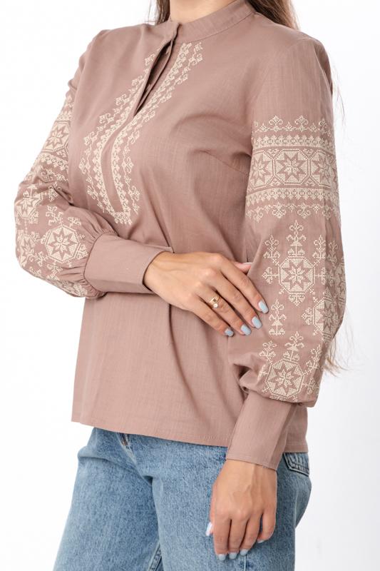 Blouse – Women's Linen Embroidered Shirt with Puff Sleeves & High Collar, Any Season 8409-132-22 HC