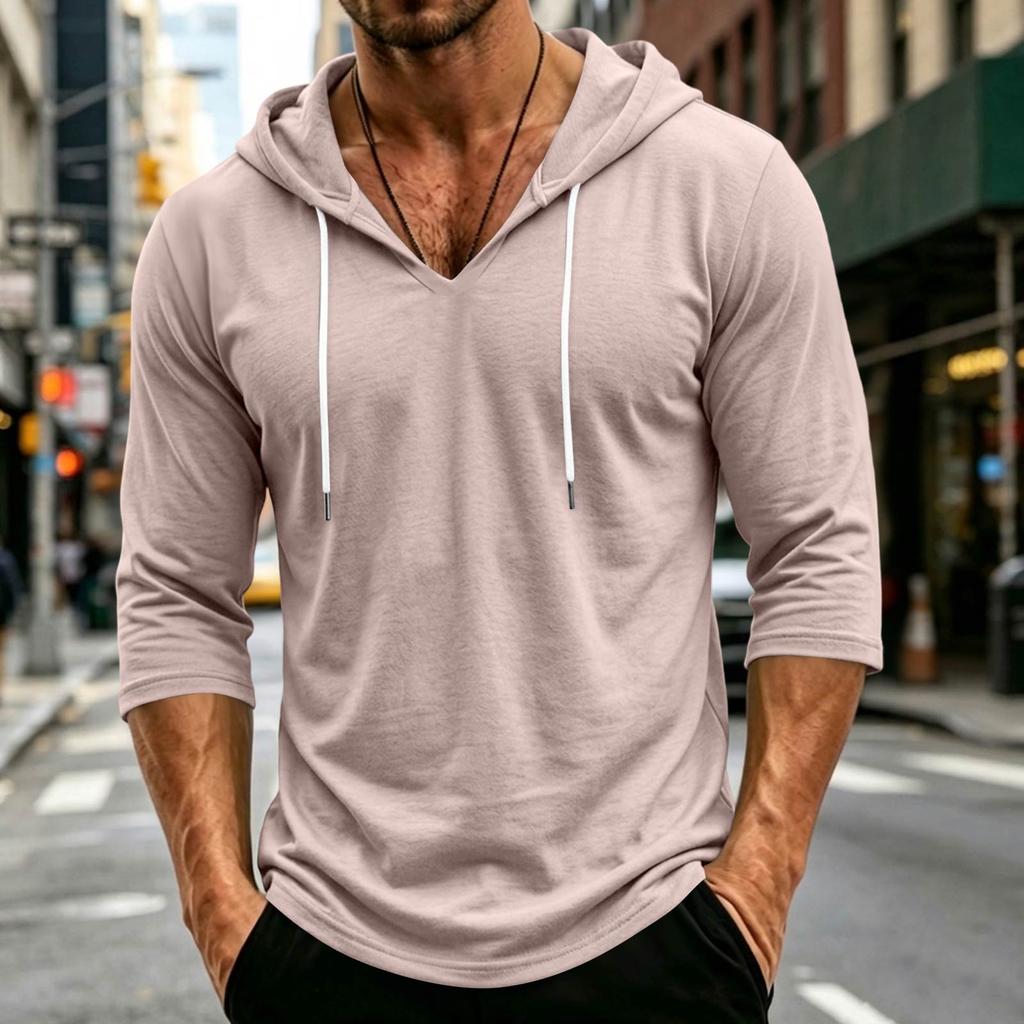 Men's Loose Fit Casual Hoodie Lightweight Pullover with Three Quarter Sleeve Drawstring Hooded Shirt for Everyday Wear