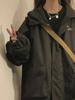 Women's Black Hooded Jacket - Spring & Autumn College Style, Loose Fit Retro Workwear.