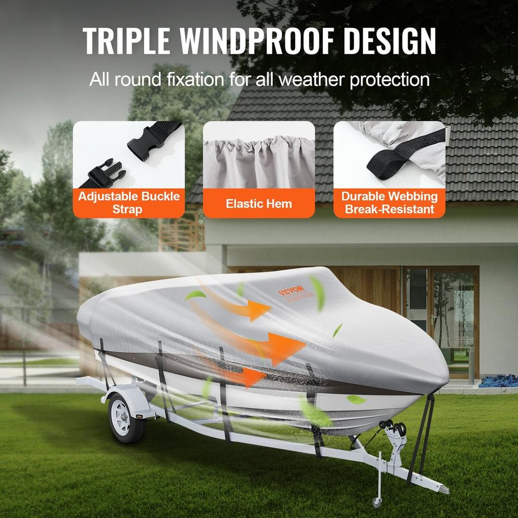 Boat Cover, 5180-5790 mm Trailerable Waterproof Boat Cover, 600D Marine Grade PU Oxford, with Motor Cover and Buckle Straps, for V-Hull, Tri-Hull,