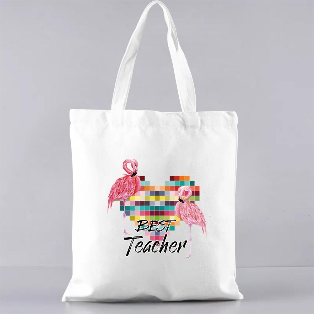Fashion Shopping Bag Handbag Commuter Casual Shoulder Bag Reusable Canvas Bag White Cartoon Teacher Pattern Printing Tote Bag