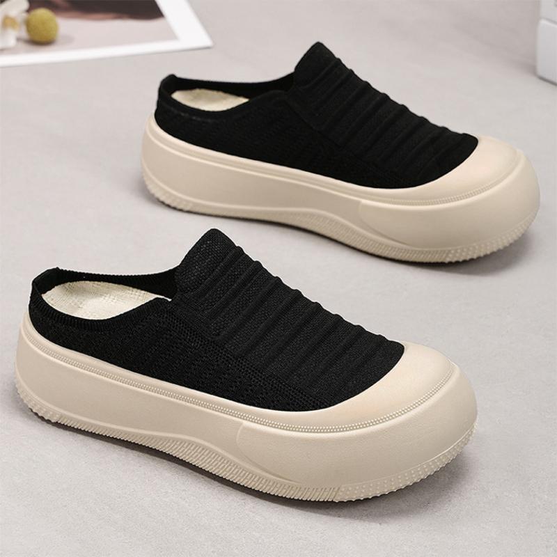 Summer Breathable Thick Soled Shoes with Toe Caps, Solid Color, Shallow Opening, Height Increasing Shoes, Simple Soft Sole, Half Support