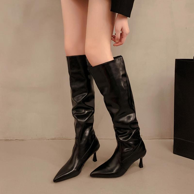 Winter Fashion Pleated Pointed Toe Women Long Boots Street Style High Heels Party Stripper Female Leather High Booties