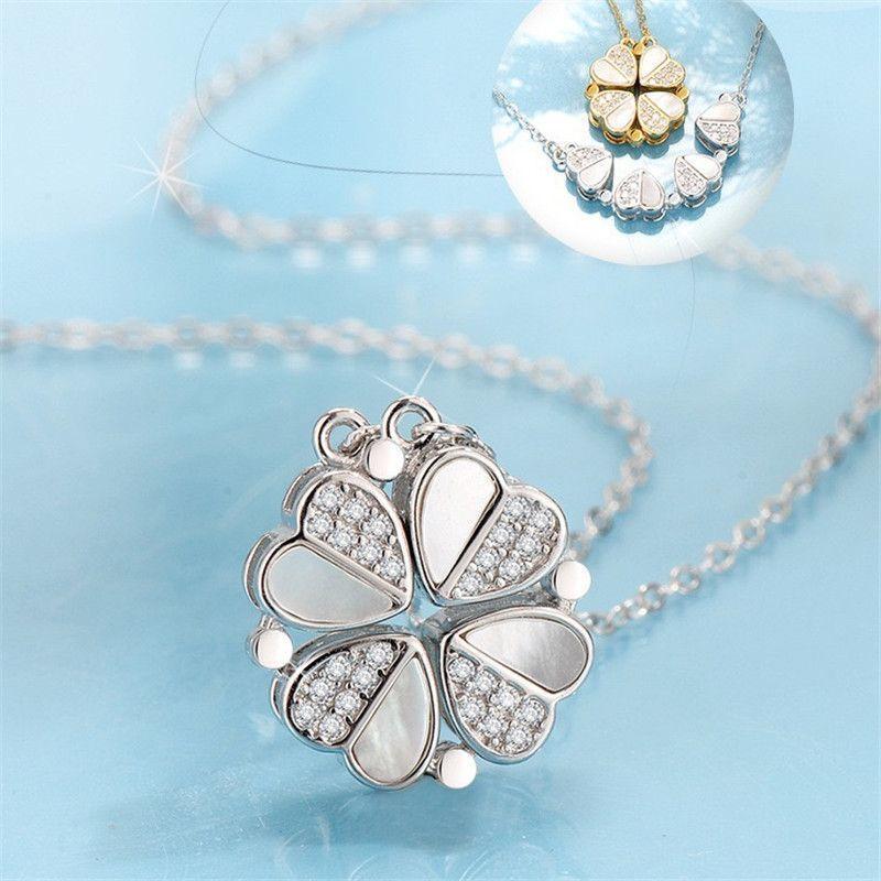 A Multi-use Mother-of-pearl Heart-shaped Four-leaf Clover Pendant Gold Titanium Steel Necklace for Women, Collarbone Chain, Valentine's Day Gift