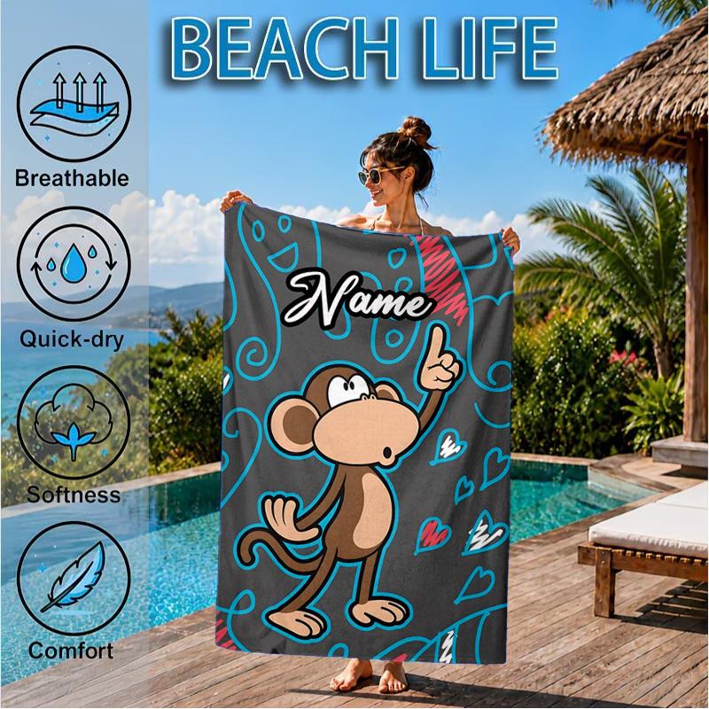 Custom Name Monkey Refuses Listen Heart In Space Adventure Microfiber Beach Towel, Lightweight for Summer Travel, Swimming Pool Fan Gift