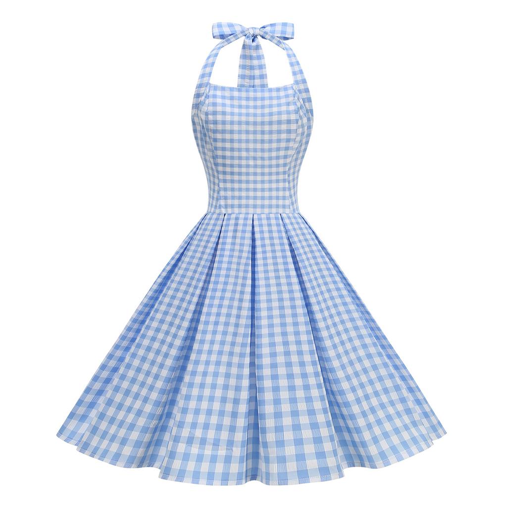 Checked, off-the-shoulder, figure-hugging, edgy, backless, sexy, pleated, vintage halter-neck dress
