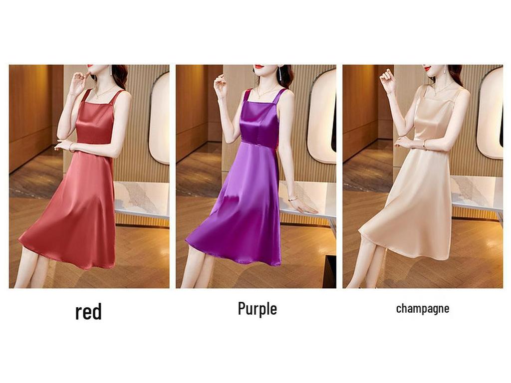 Women's 2023 Slim-Fit Satin Dress: Square Neck, Patchwork, Age-Reducing Summer Fashion