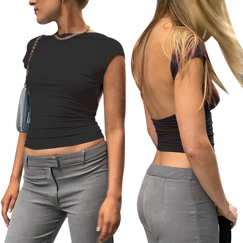 Women's Sexy Open Back Short Sleeve Slim Round Neck Casual Open Navel T-shirt