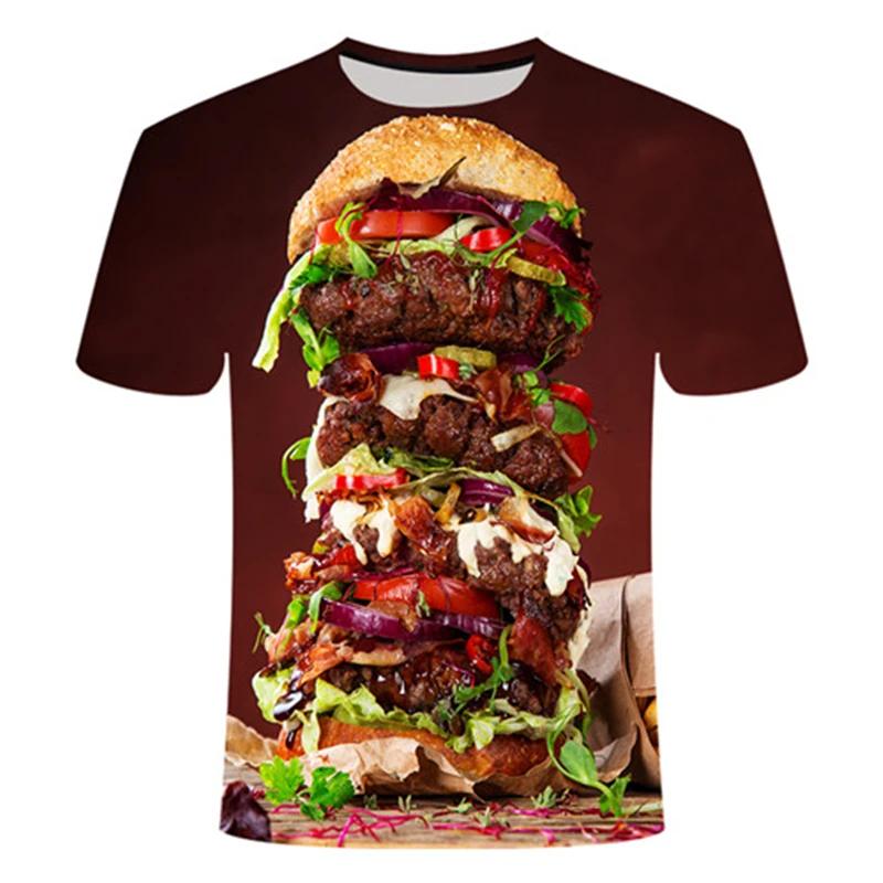 Summer Round Neck 3D Burger Print Top Fashionable Casual Fun Short Sleeved Men's and  Women's Unisex T-shirts
