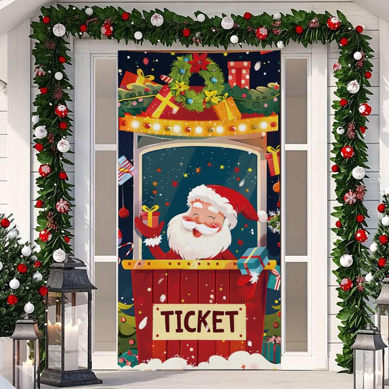 1 ks Veselé Vánoce Kryt na dveře Banner Polyester Vzor Santa Clause pro Štědrý večer Novoroční sváteční párty Vchodové dveře Domácí nástěnná dekorace