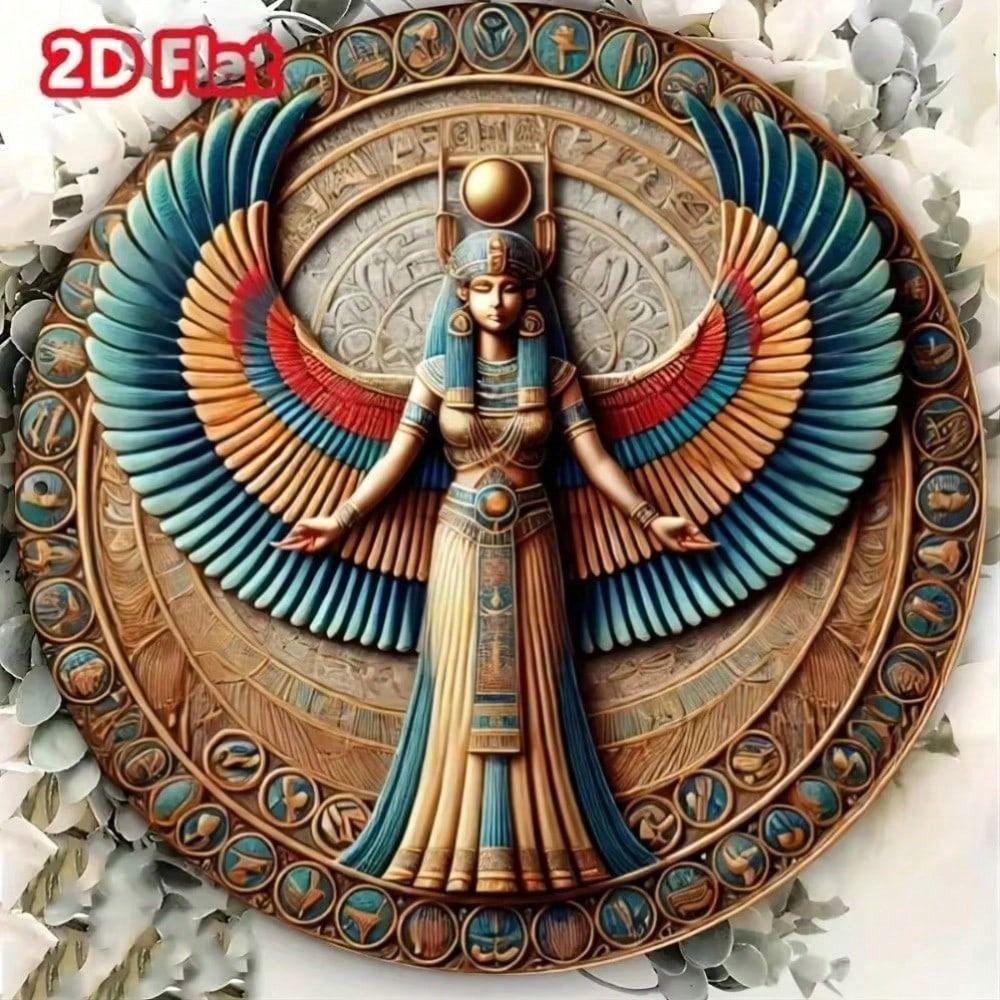 Egyptian Goddess Neith Round Metal Wall Art, Waterproof Tin Poster Home Decor