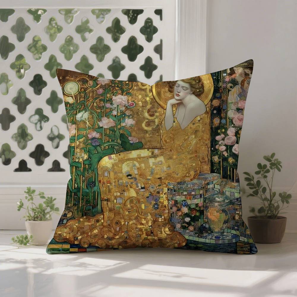 Gustav Klimt Oil Painting Pillow Case  Anti-dustmite Pillowcase Invisible Zipper Silky Sofa Cushion Cover