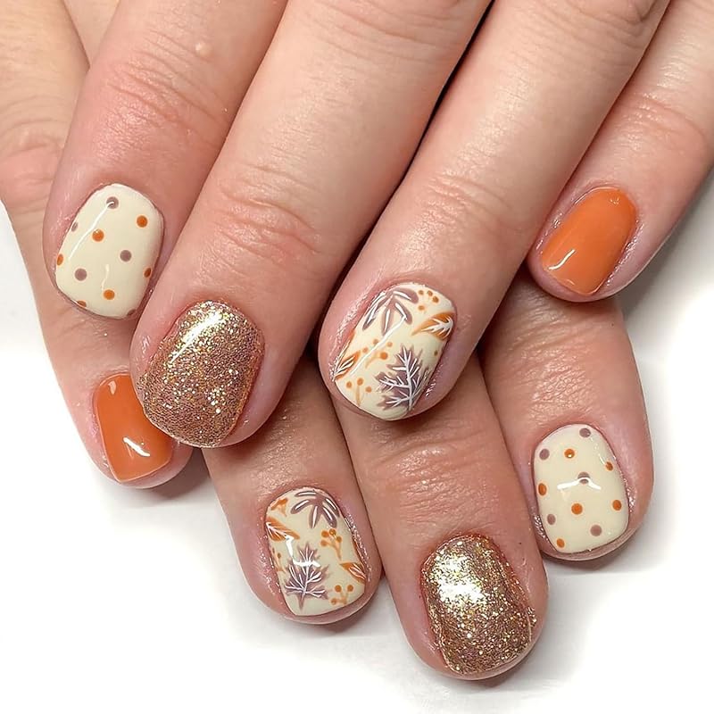 24Pcs Fall Press on Nails Medium Square Fake Nails with Autumn Leaves Designs Red Autumn Maple Leaf False Nail Thanksgiving Acrylic Nails Kit Red