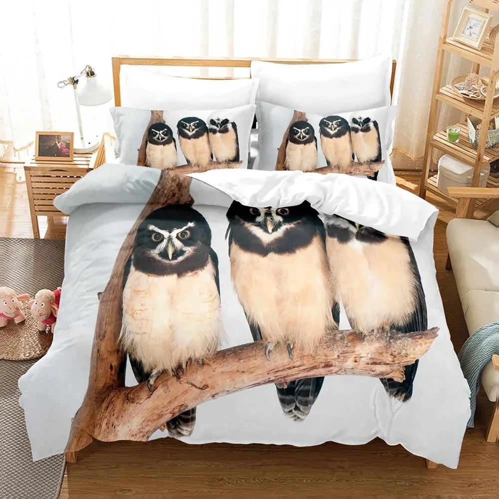 Owl Duvet Cover Set King/Queen Size,lovely Baby Owl Quilt Cover On A Tree,cute Wild Animal Polyester Bedding Set for Boys Teens