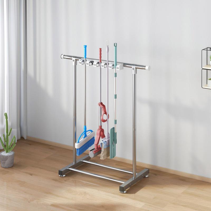 Stainless Steel Mobile Mop and Broom Holder Stand for Cleaning Tools