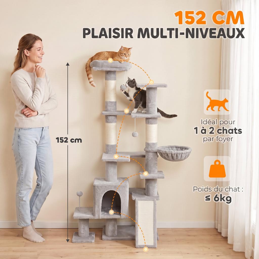 Cat Tree, 5-Level, 152 cm, Cat House, Hammock, Platform, Scratching Posts, Hanging Balls, Light Grey
