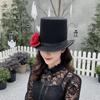Vibrant Red Rose Gentleman Cap Artificial Rose Magician Fedora Headwear Stage Performance