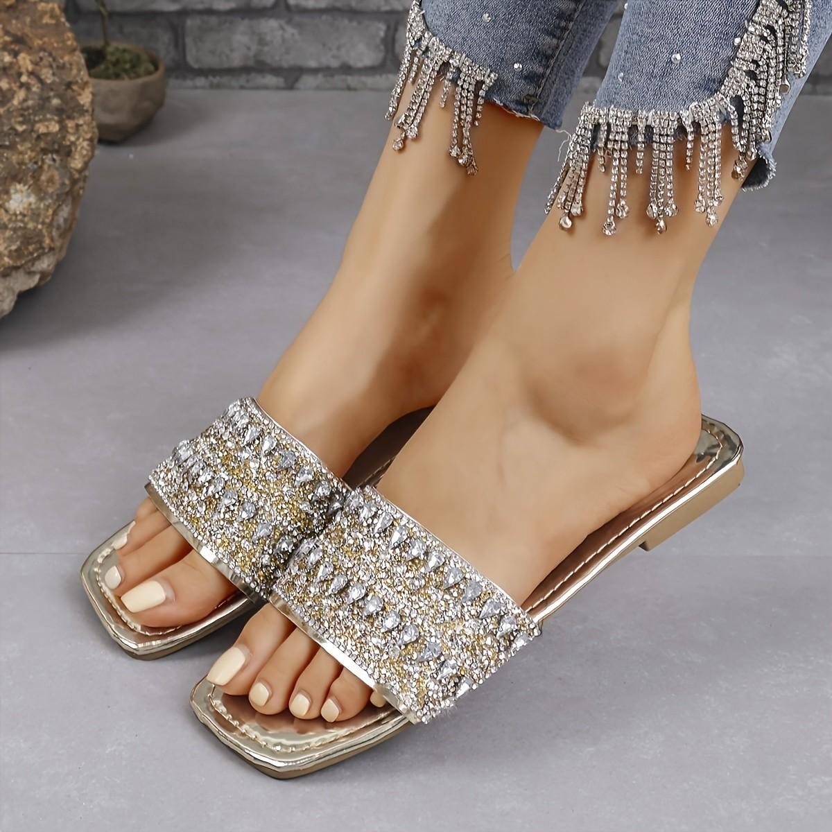 

модные туфли на плоской подошве женские роскошные пляжные туфли с кристаллами летние сандалии женские новые шлепанцы повседневные шлепанцы 38 золотой
