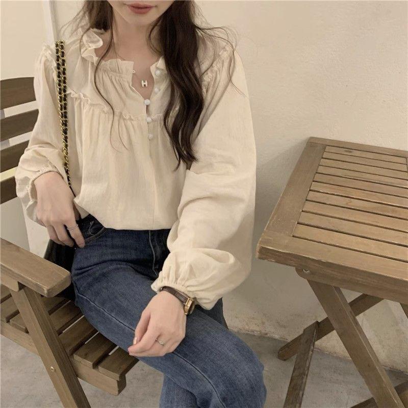 French Style Retro Puff Sleeve Blouse Women Korean Fashion Spliced Ruffles Shirt Ladies Elegant Chic Design Shirts